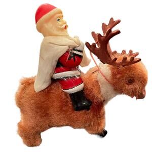Vintage Mechanical Christmas Wind Up Toy Santa on Reindeer Litho Tin 1950s READ